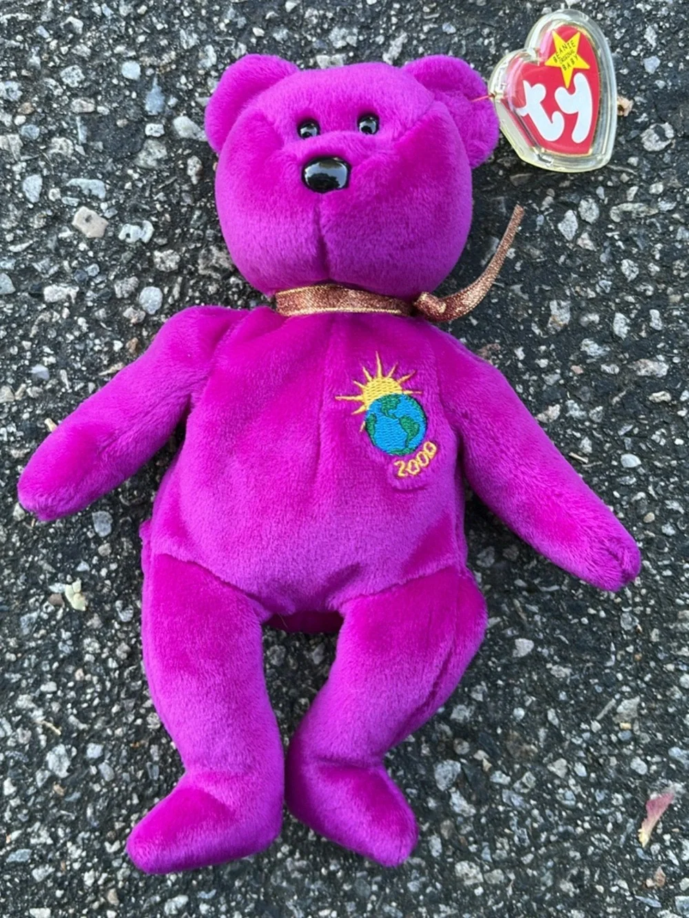 Ty Bright Purple Bear with Gold Ribbon and Embroidered Earth